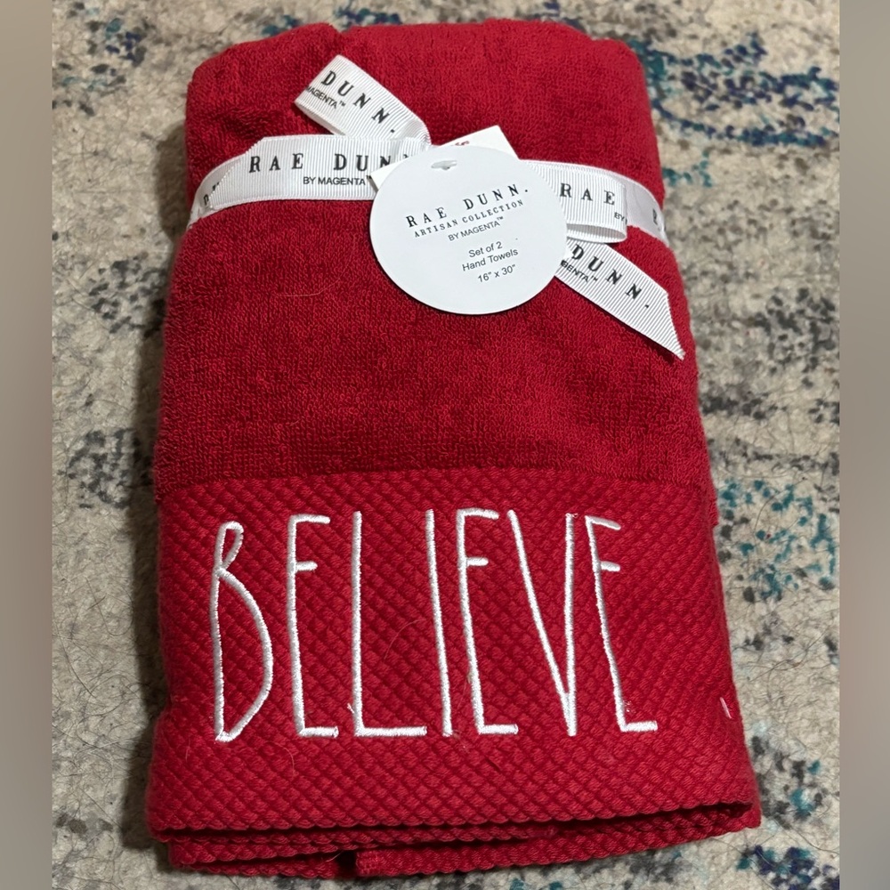 2) Rae Dunn Christmas BELIEVE Red Bathroom Hand Towels Embroidered White
